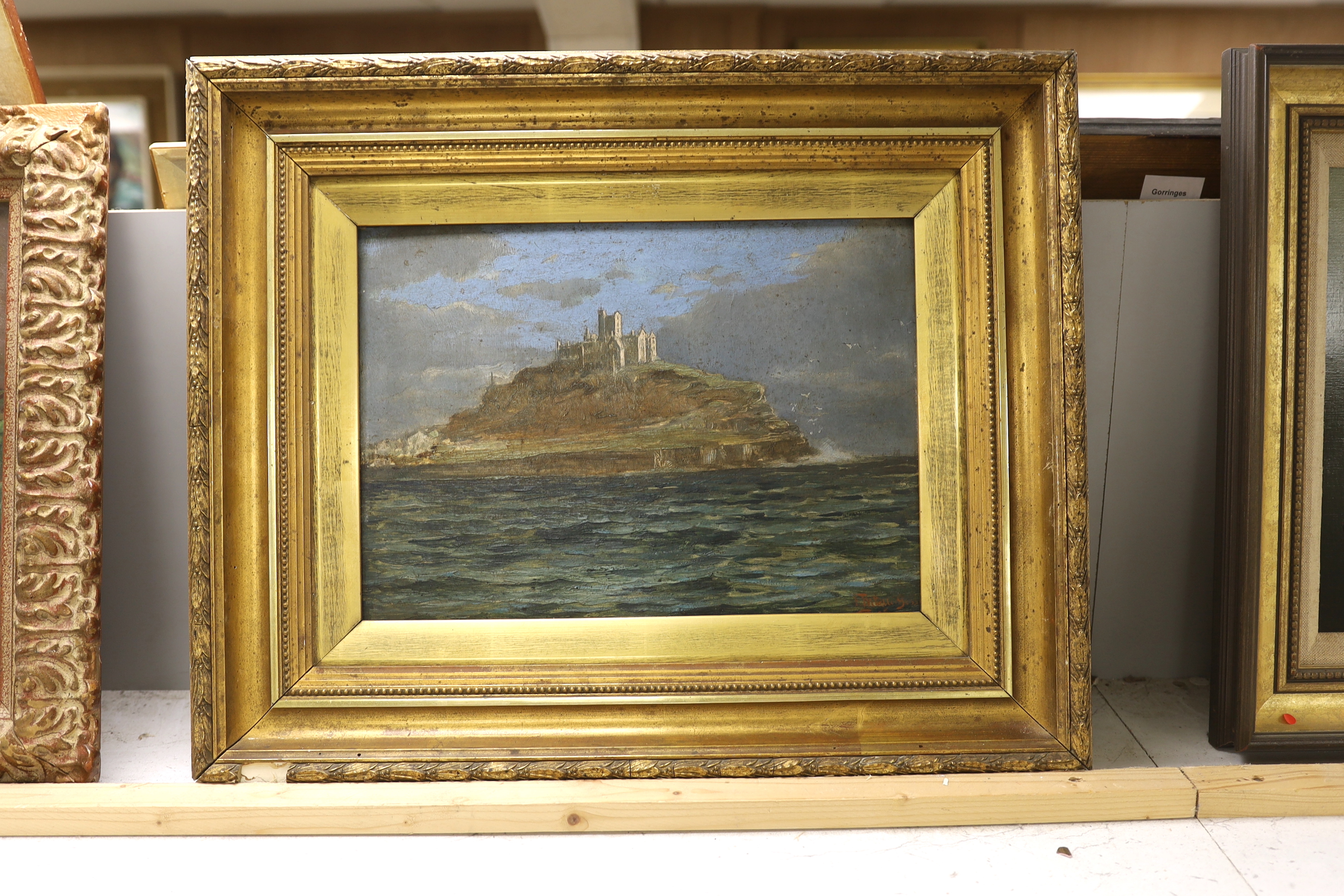 Early 20th century, oil on board, St Michael's Mount, indistinctly signed lower right, 24 x 34cm, ornate gilt framed